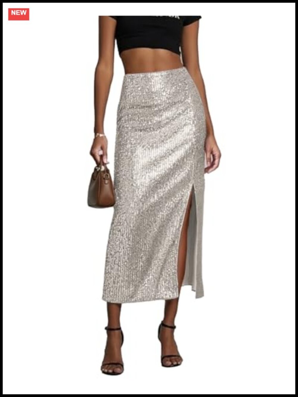 Sequin Midi Skirt High Waisted Bodycon Pencil Slit Elastic Waist Cocktail